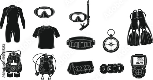 Professional Scuba Diving Equipment Icon Set featuring Wetsuit, Mask, Snorkel, Fins, Oxygen Tank, Compass, and Dive Computer for Underwater Exploration Adventure,