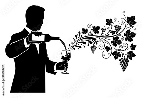 Wine Pour & Grapevine Illustration - Minimalist Vector