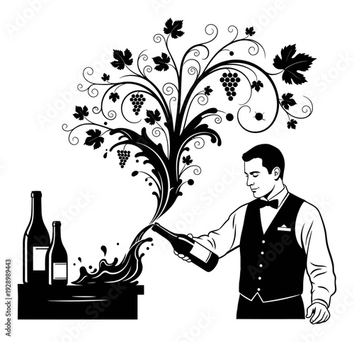 Wine Pour & Grapevine Illustration - Minimalist Vector