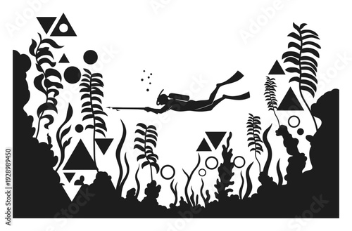 Spearfishing Diver - Geometric Kelp Forest Vector