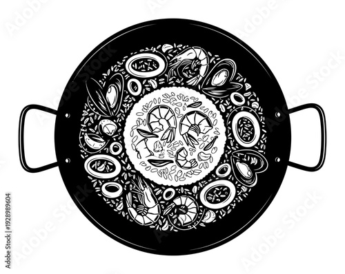 Paella Pan Seafood Rice - Minimalist Vector Illustration