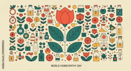 Colorful flat lay illustration celebrating World Homeopathy Day with various herbal and homeopathic symbols and icons on a pale background.