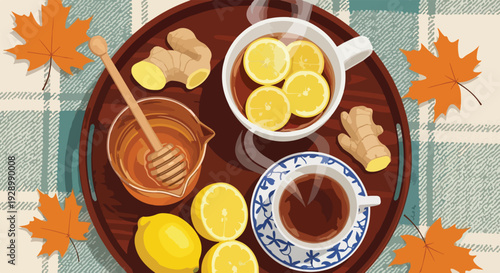 Flat lay of a wooden tray with tea cups, lemons, ginger, and honey on a plaid tablecloth surrounded by autumn leaves for World Homeopathy Day.