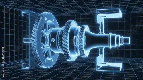 3D rendered mechanical gear system with blue wireframe design.