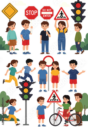 Kids learning road safety rules vector illustration set, cartoon children with traffic signs, pedestrian crossing, bicycle and traffic light education concept