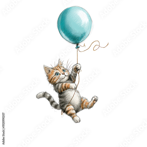 Kitten holding blue balloon on transparent background