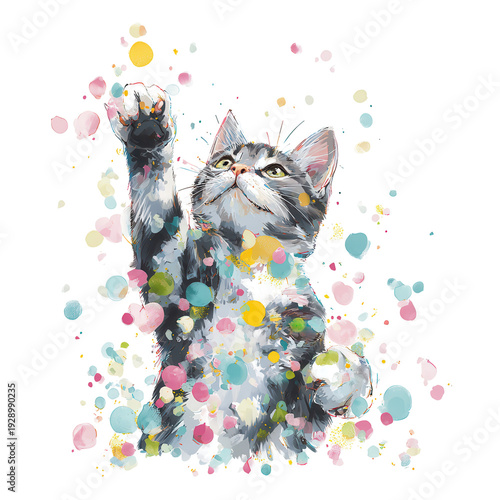 Cute kitten reaching up with colorful splatter on transparent background