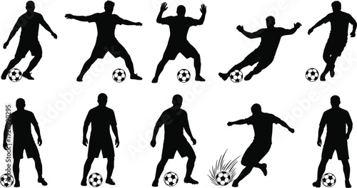 Professional Soccer Player Silhouette Set featuring Athletes Dribbling, Passing, and Kicking Ball for Football Sports Training, Competition, and Teamwork Concept,