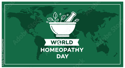 Green rectangular banner with a white mortar and pestle, leaves, and 'World Homeopathy Day' text on a world map background