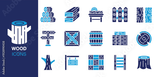 Wood icon set. Containing softwood, grain, texture, natural, forest, tree and more. Solid vector icons collection. Vector illustration.