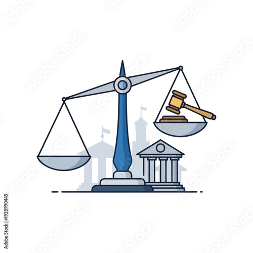Justice scale with gavel and courthouse building in flat design