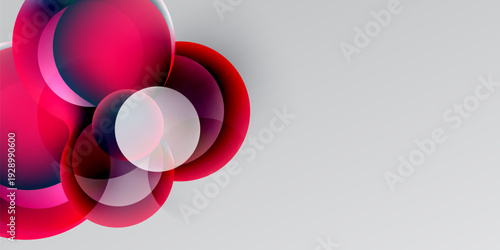 Abstract floral design. Overlapping circles create petal effect. Pink, red, white hues contrast dark background. Modern, simple composition.