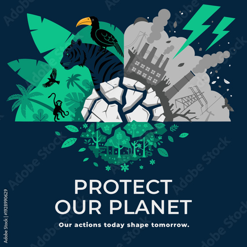 Dynamic vector illustration contrasting lush nature with industrial pollution, a powerful visual plea for global environmental protection and sustainable future