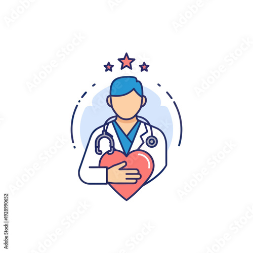 Doctor holding heart with stars representing medical quality service