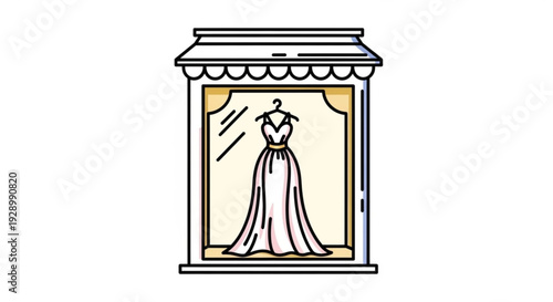 Elegant evening gown on display in a boutique storefront window with mannequin