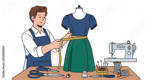 Tailor measuring dress on mannequin with tape measure at wooden worktable with sewing machine and tools