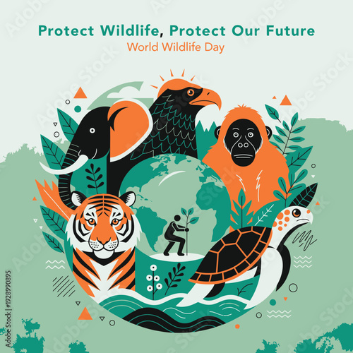 Vibrant vector illustration promoting global wildlife conservation and environmental stewardship, depicting diverse animals united around a blossoming world for a sustainable future