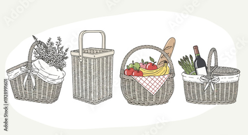 A collection of four intricately drawn wicker baskets, each filled with different items, showcasing a variety of picnic and decorative arrangements.