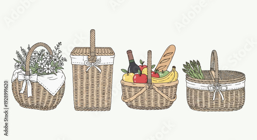 A collection of four hand-drawn picnic baskets, each filled with different items, presented on a plain background.