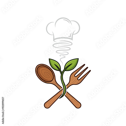 Organic cooking illustration with wooden utensils, green sprout, and chef hat