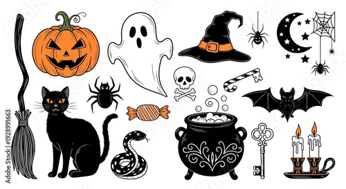 A collection of classic Halloween symbols including a pumpkin, ghost, witch's hat, black cat, bat, and cauldron.