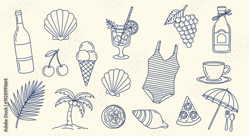 A delightful collection of hand-drawn summer icons, perfect for beach-themed designs and vacation planning.