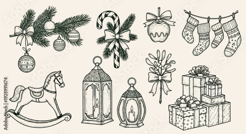 A charming hand-drawn illustration of various festive Christmas decorations and symbols, rendered in a vintage sketch style.