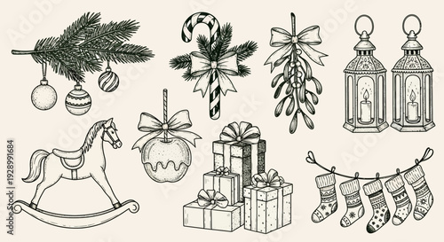 A collection of hand-drawn Christmas ornaments and decorations, including a rocking horse, ornaments, candy cane, mistletoe, lanterns, gifts, and stockings.
