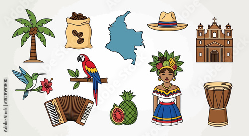 Принти на полотні A vibrant collection of Colombian cultural symbols and iconic elements, including flora, fauna, and traditional artifacts