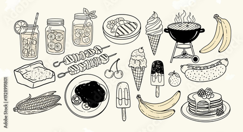 A vibrant collection of summer picnic and barbecue food illustrations, including grilled items, desserts, and drinks.