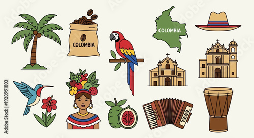 A vibrant collection of Colombian cultural icons, including a parrot, coffee bag, and traditional attire, set against a neutral background.