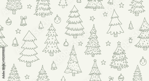 A charming and festive pattern featuring a variety of hand-drawn Christmas trees, bells, and stars on a light, textured background, evoking a sense of holiday cheer and winter celebration.
