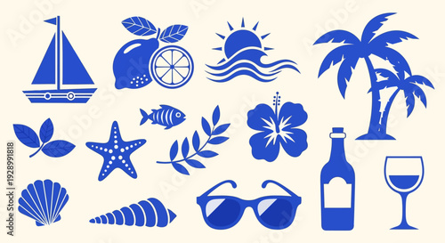 A collection of blue summer-themed icons including a sailboat, palm trees, sunglasses, and tropical fruits.
