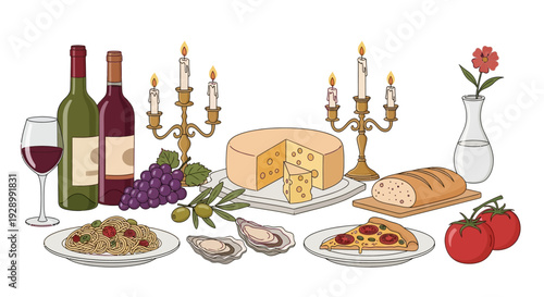 A romantic dinner spread with wine, cheese, pizza, pasta, oysters, bread, tomatoes, grapes, olives, and candles.