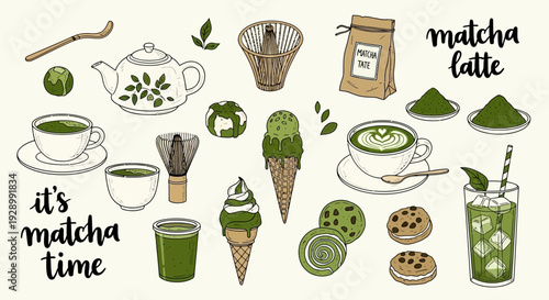 A vibrant collection of matcha-themed illustrations, featuring tea sets, ice cream, lattes, cookies, and the words 'matcha latte' and 'it's matcha time'.