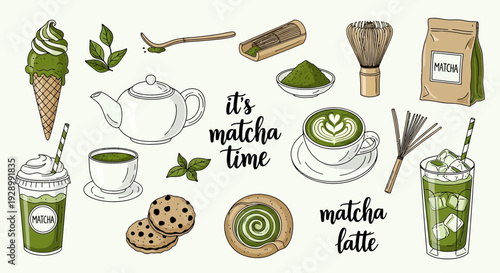 A vibrant collection of matcha-themed illustrations, featuring drinks, desserts, and preparation tools, celebrating the popular green tea.