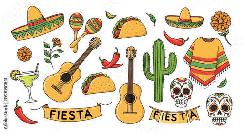 A vibrant collection of colorful Mexican cultural symbols including sombreros, guitars, maracas, tacos, chili peppers, cacti, sugar skulls, and ponchos.