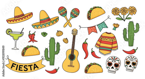 A vibrant collection of colorful Mexican fiesta elements, including sombreros, tacos, maracas, cacti, and sugar skulls, perfect for festive celebrations.