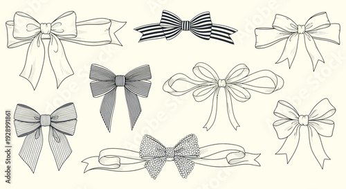 A collection of hand-drawn illustrations of various bows and ribbons, presented in a vintage sketch style.