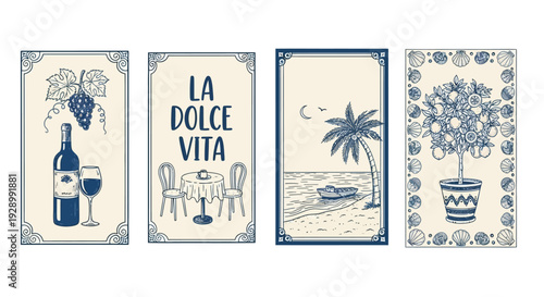 A set of four vintage-style illustrations featuring wine, "La Dolce Vita" cafe scene, a tropical beach, and a citrus tree.