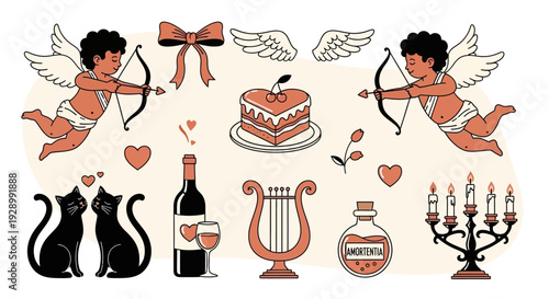 A collection of romantic and Valentine's Day themed illustrations including cupids, cats, wine, cake, and love potions.