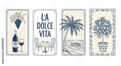 Four vintage-style illustrations showcasing Italian and Mediterranean themes, featuring wine, a cafe scene, a coastal palm tree, and a potted citrus fruit tree.