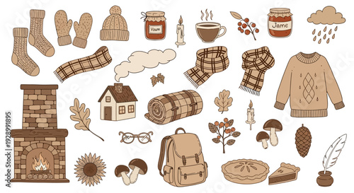 A charming collection of cozy autumn-themed illustrations featuring warm clothing, seasonal food, and rustic home elements.