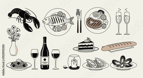A collection of elegant line art illustrations depicting various gourmet food and drink items for a fine dining experience, including seafood, steak, pasta, wine, and dessert.