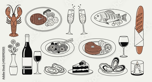 A collection of gourmet food and drink items including seafood, steak, pasta, desserts, wine, and champagne, arranged for a fine dining experience.