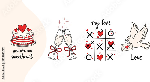 A collection of four charming illustrations celebrating love and Valentine's Day, featuring a heart cake, champagne flutes, tic-tac-toe with hearts, and a dove with a love letter.