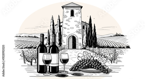 A rustic Italian vineyard scene featuring wine bottles, glasses of red wine, a bunch of grapes, and a stone building with cypress trees.