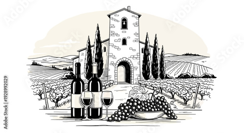 Detailed black and white illustration of a picturesque vineyard with a traditional winery building, wine bottles, glasses, and fresh grapes.