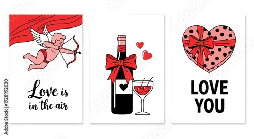Three Valentine's Day themed illustrations featuring a cupid, a bottle of wine with a glass, and a heart-shaped gift box.