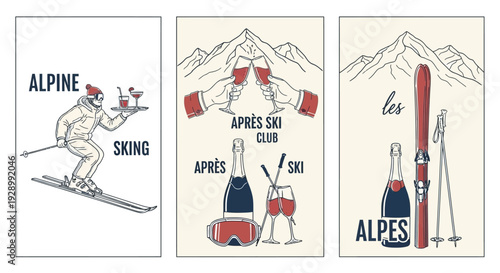 Vintage-style posters depicting alpine skiing, après-ski celebrations with champagne and cocktails, and the scenic Alps mountains.